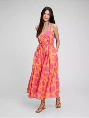 GAP Orange and Pink Floral Print  V-Neck Braided-Waist Maxi Dress